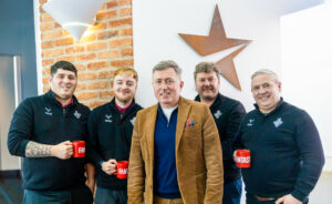 From L-R Digital Content & Marketing at the Huddersfield Giants, Adam Scotson; Media & Communications at the Huddersfield Giants, Lucas Cockshott; Fantastic CEO, Andy Hobson; Huddersfield Giants Managing Director,Richard Thewlis; Huddersfield Giants Operations Director, Tim Burton. Fantastic will be delivering a new marketing strategy for the Giants.